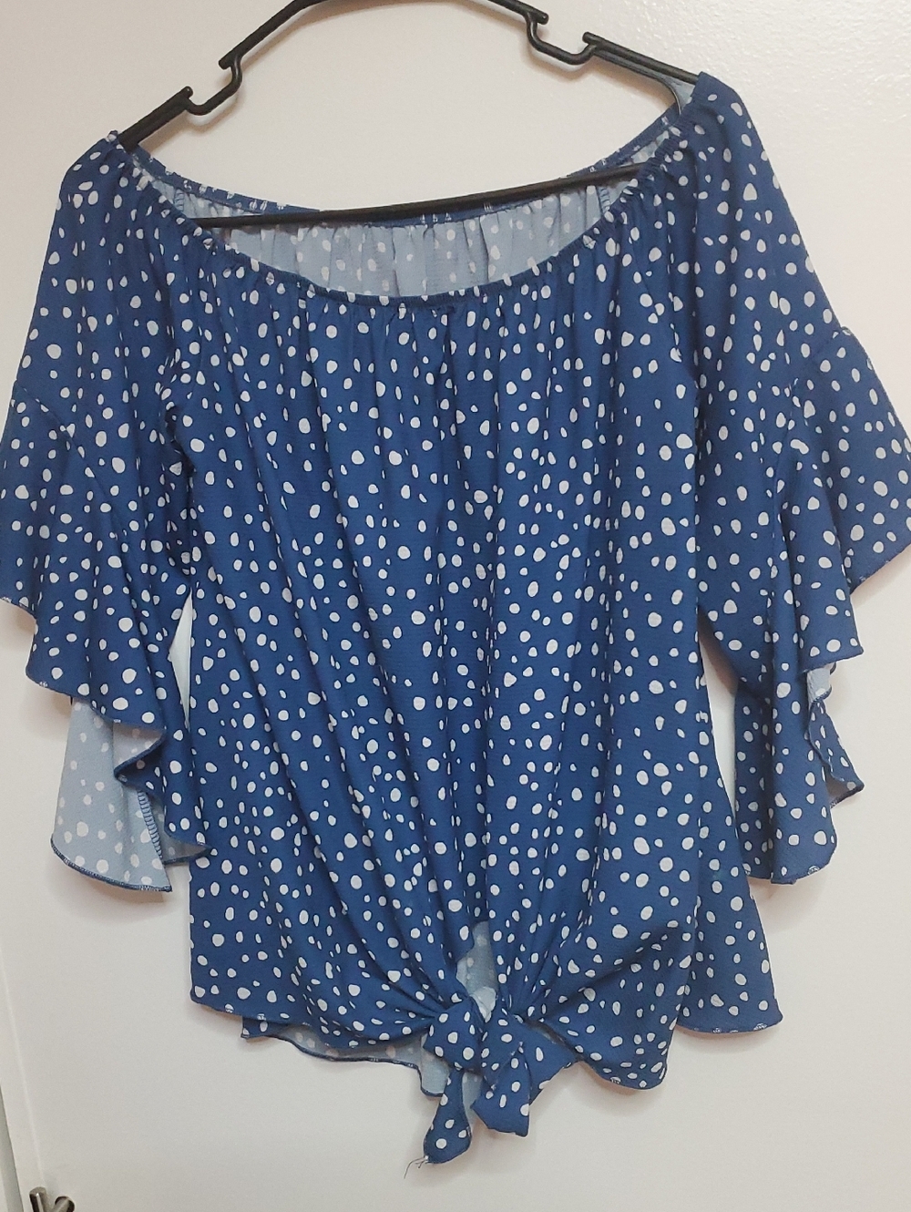 Adorable Blue Polka Dot Off-On Shoulder Tie-Front Women's Top